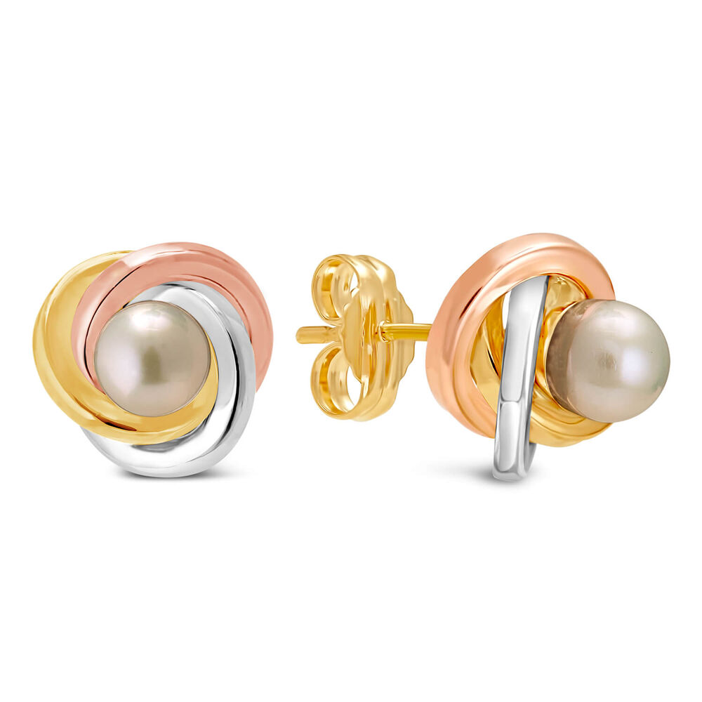 9ct Yellow, White and Rose Gold Pearl Earrings image number 1