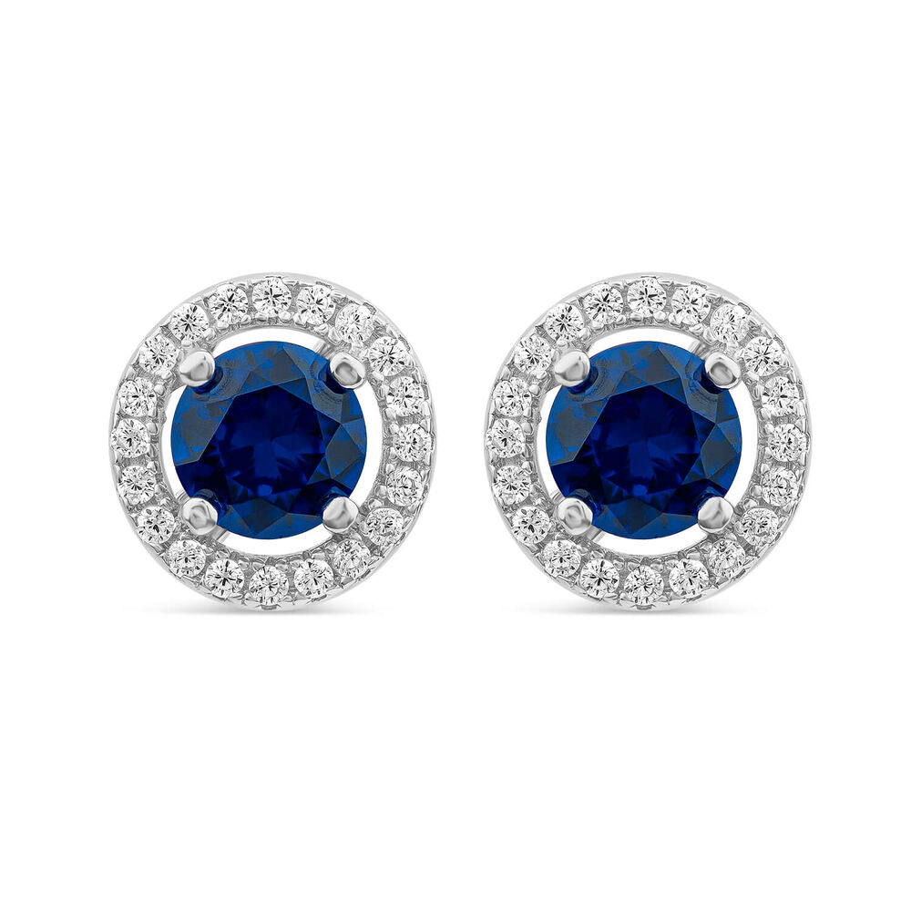 Sterling Silver Blue Centre Stone & Cubic Zirconia Halo Stud Earrings image number 0