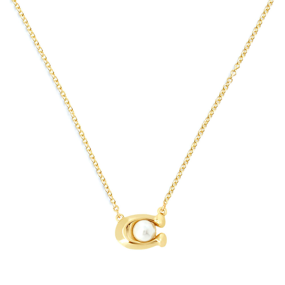 Coach Signature Gold Tone Brass Pearl Necklace & Earrings Set