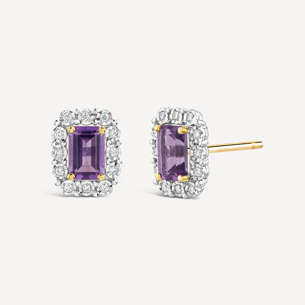 9ct Yellow Gold Rectangular Amethyst Centre 0.11ct Diamond Halo Stud Earrings