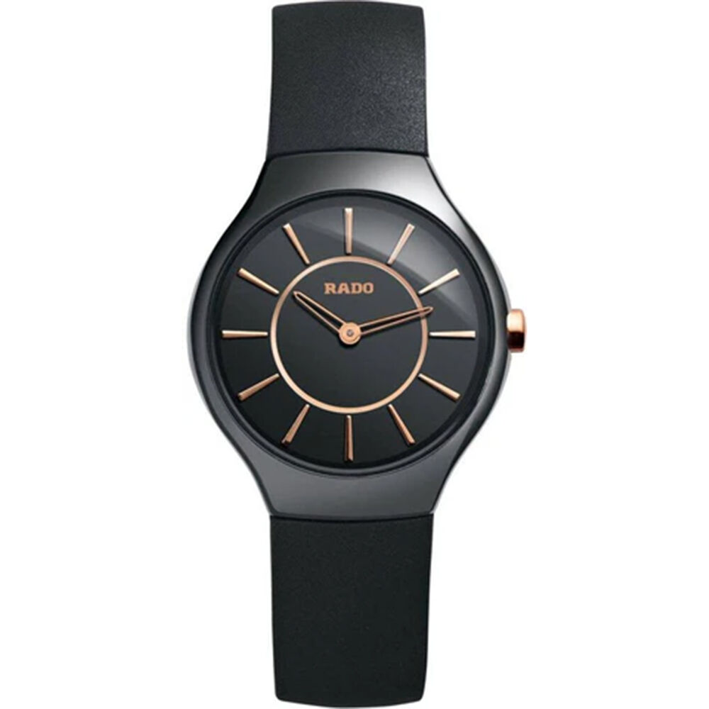 Pre-Owned Rado True Thinline 30mm Black Dial Rubber Strap Watch