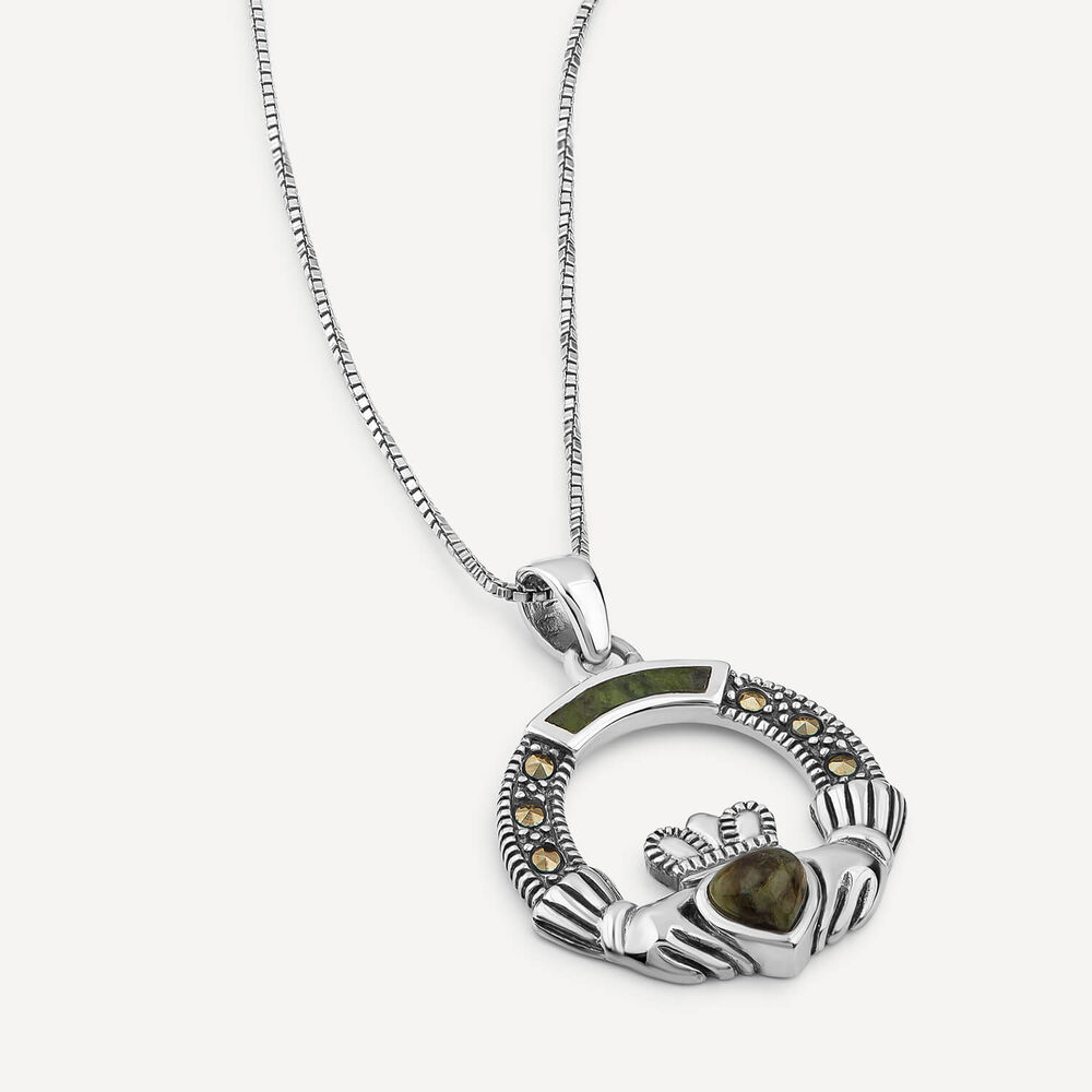 Sterling Silver Marcasite & Marble Claddagh Pendant image number 2