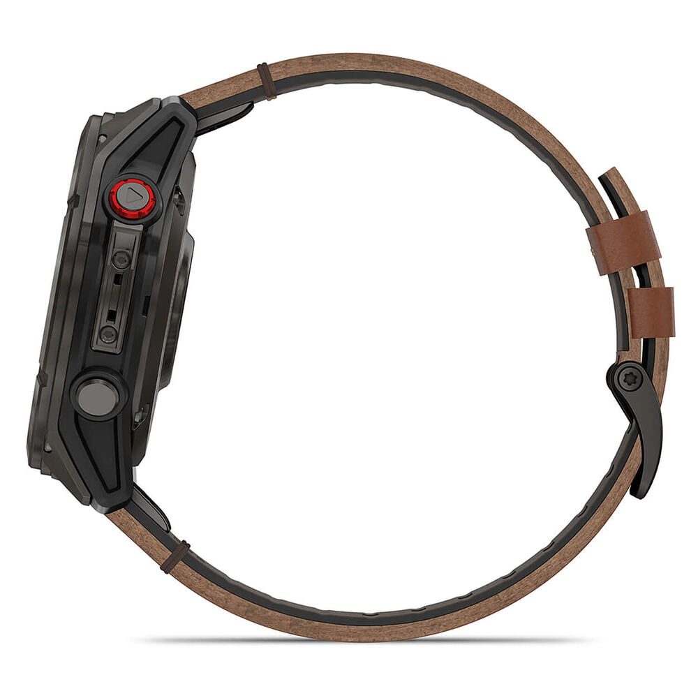 Garmin fenix 8 Pro AMOLED 51mm Carbon Grey DLC Titanium Case Brown Leather Strap Watch image number 4