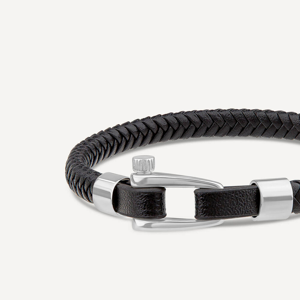 Men's Steel & Black Leather Plait Bracelet