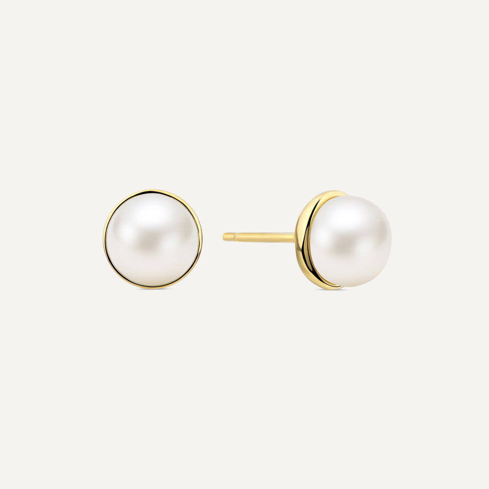 Yellow Gold Plated Sterling Silver Rim Freshwater Pearl Button Stud Earrings