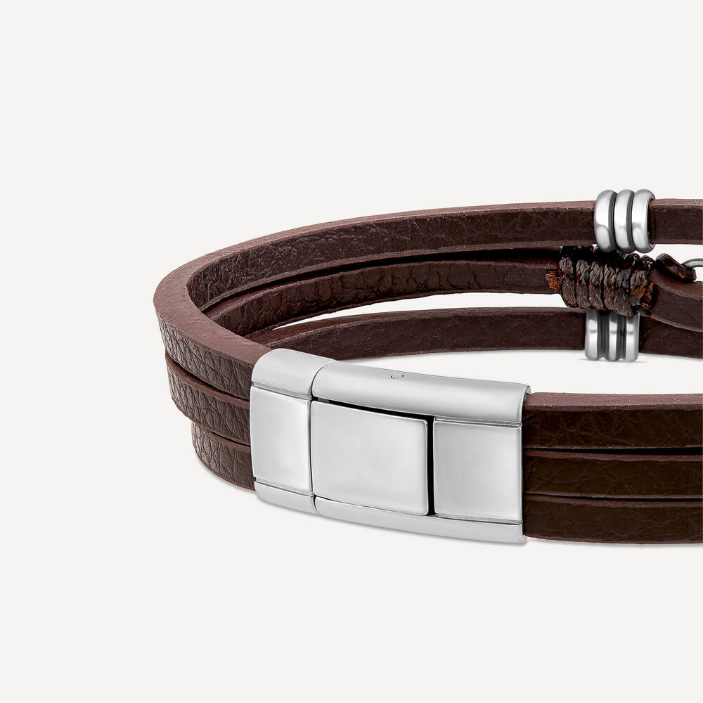 Men's Steel & Brown Leather Triple Wrap Anchor Bracelet image number 3