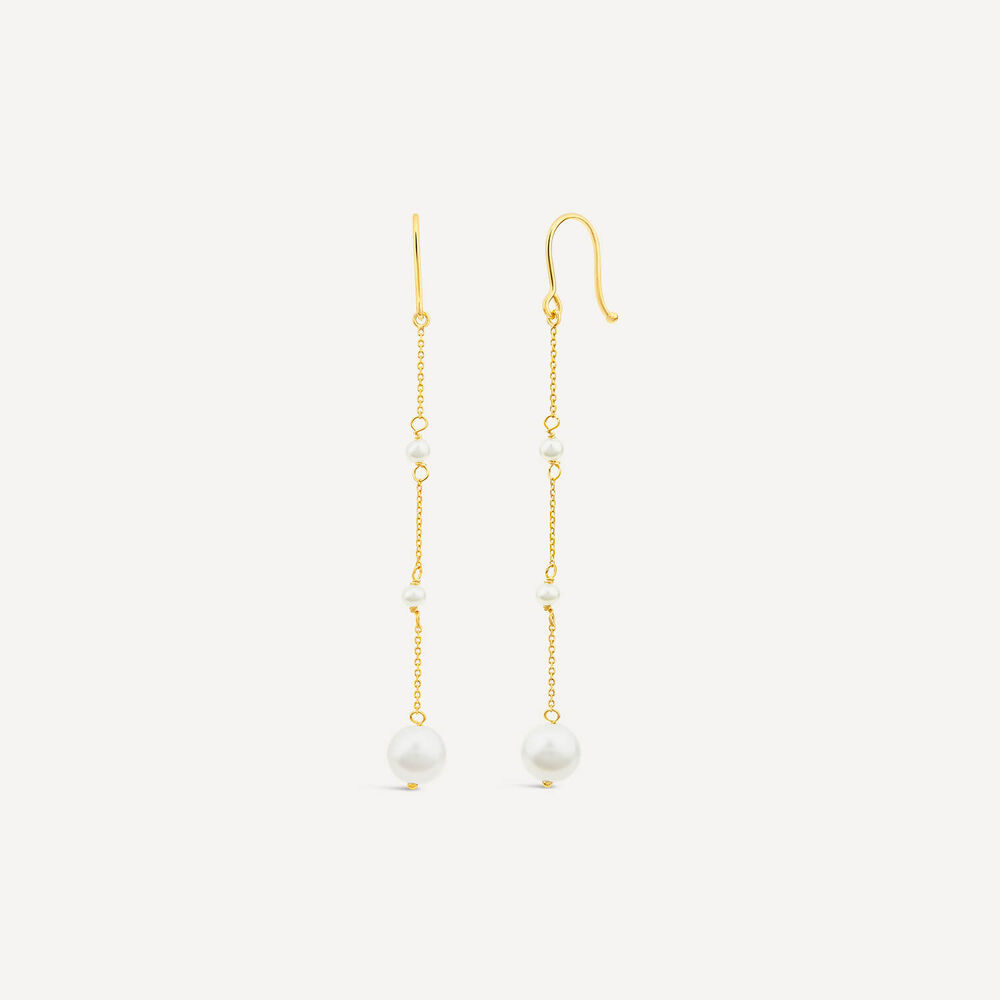 9ct Yellow Gold Pearl Station Chain Drop Earrings