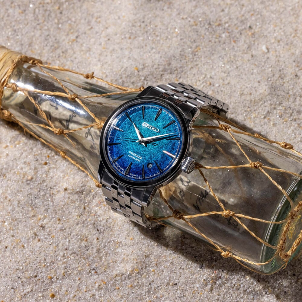 Seiko Presage Cocktail Time Crushed Ice &lsquo;Emerald Mist&rsquo; 38.5mm Blue Dial Steel Bracelet Watch