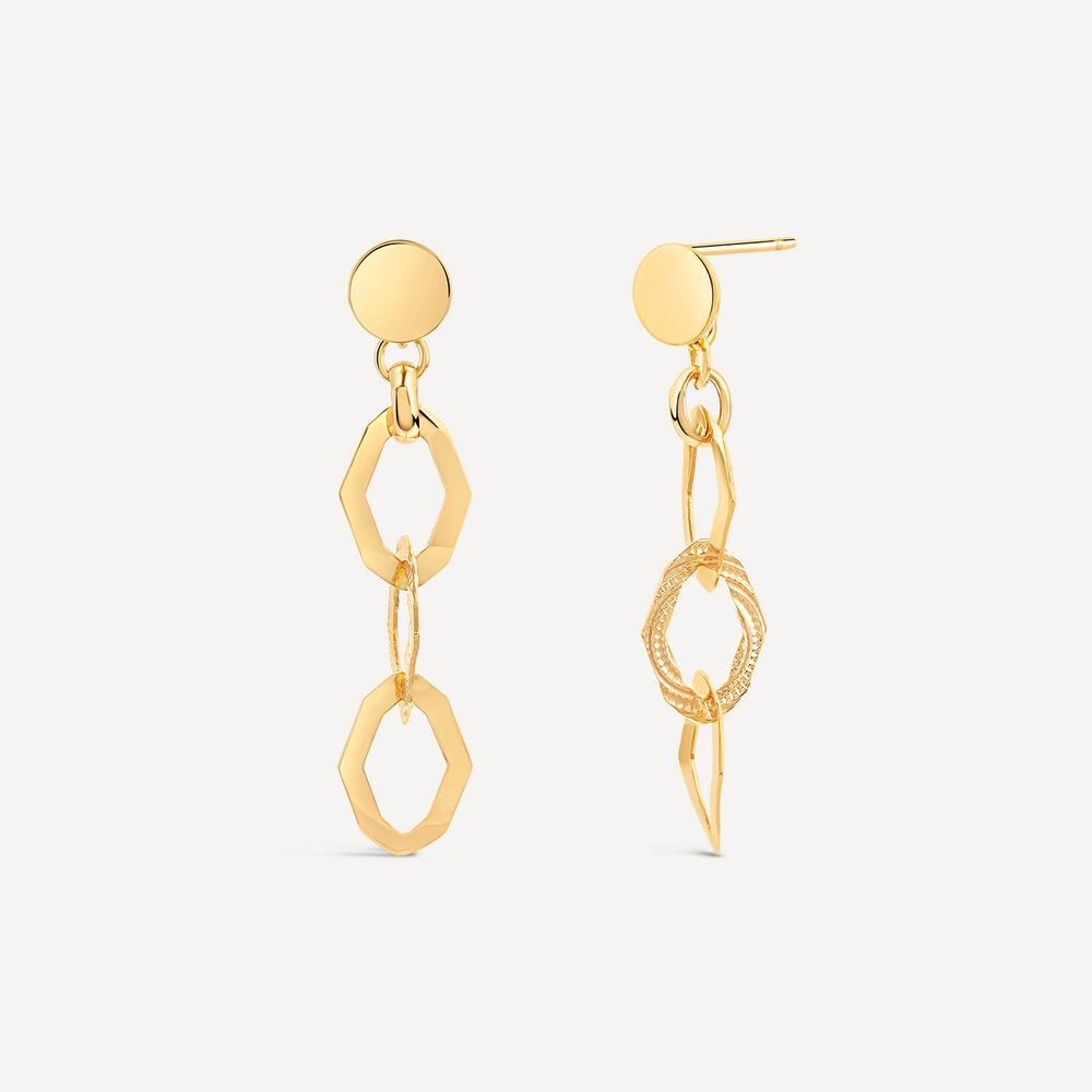 Yellow Gold Plated Sterling Silver Open Oblong Polished & Patterned Hexagons Drop Earrings