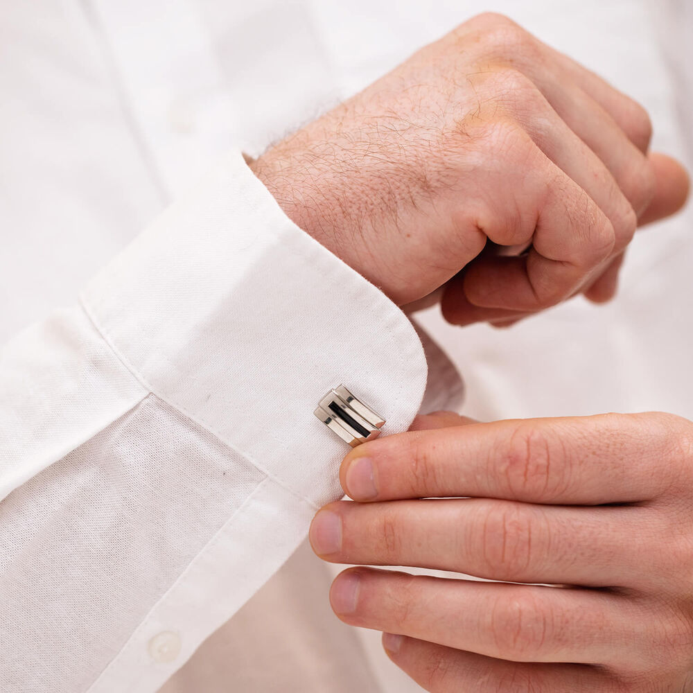 Gents Silver-Plated Rectangular Black Stripe Cufflinks image number 3