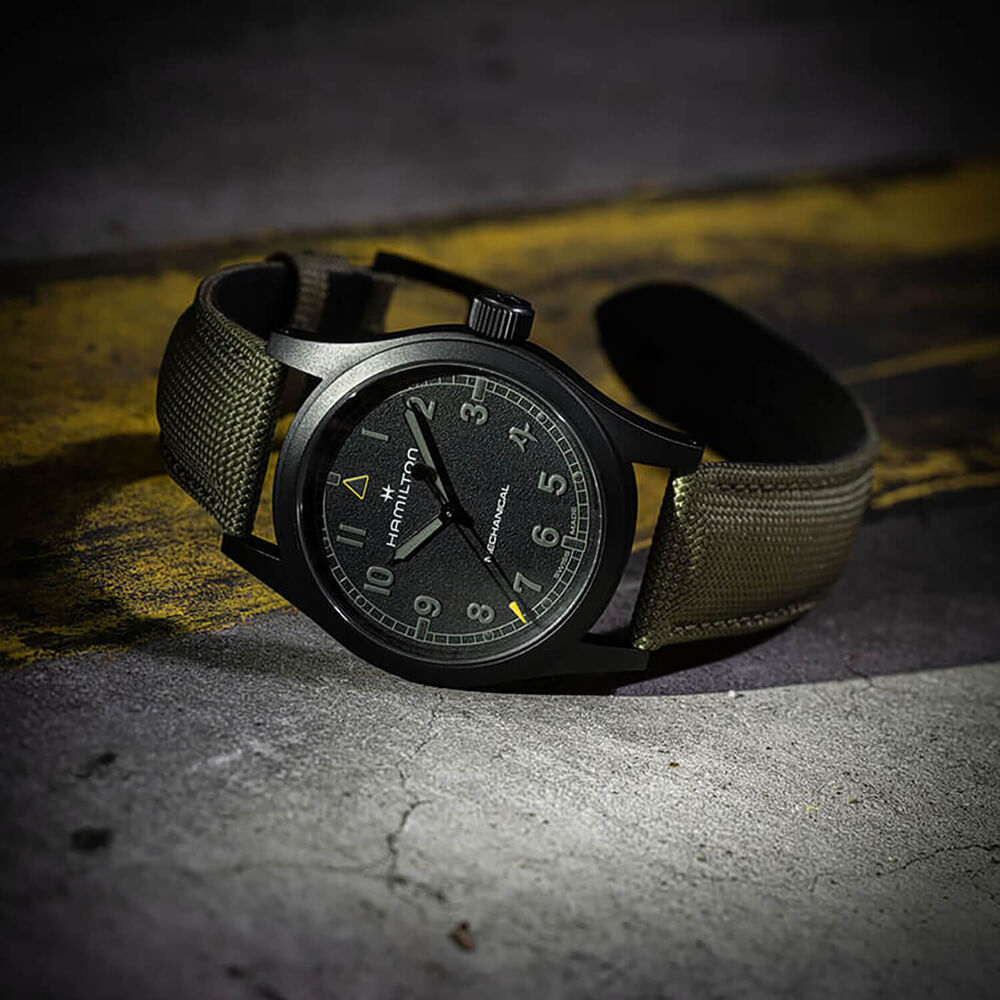 Hamilton x Call of Duty 2026 Khaki Field Mechanical 38mm Black Dial Green Textile Strap