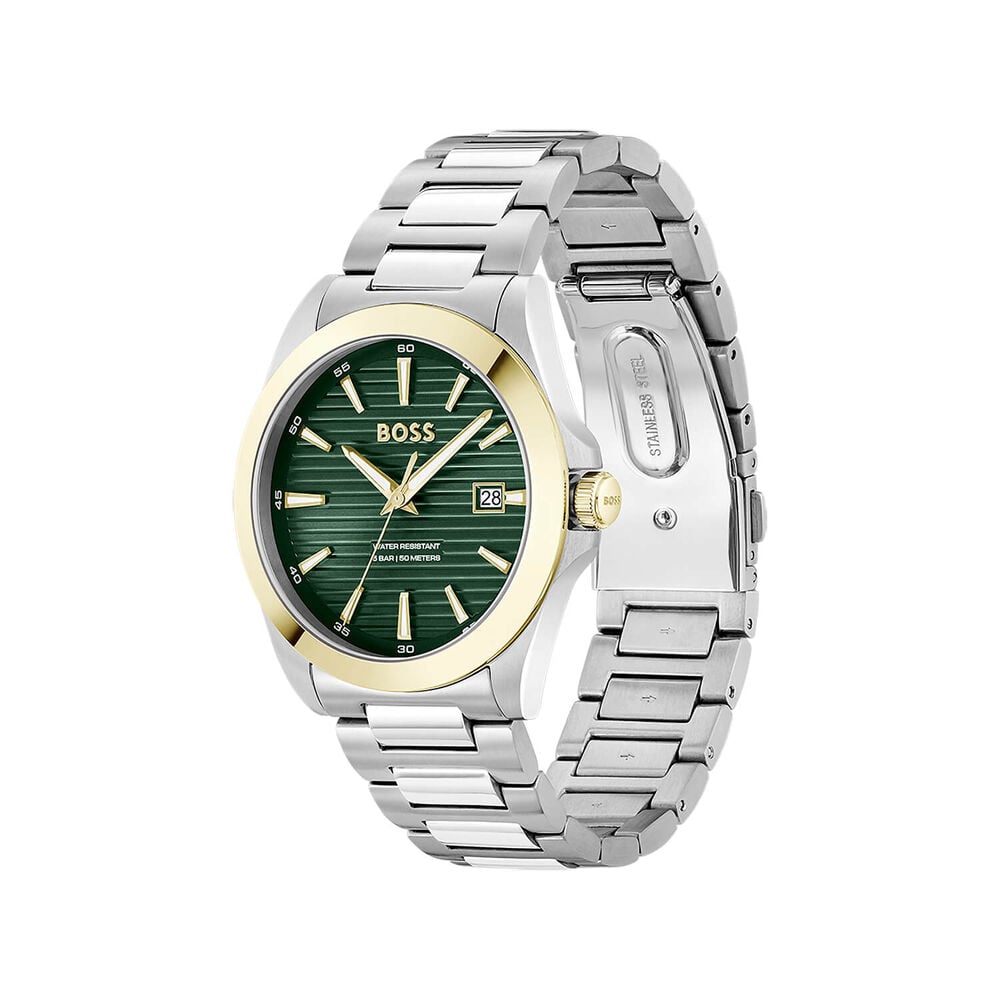 BOSS Strike 41mm Green Textured Dial Gold Tone Bezel Steel Bracelet Watch image number 2