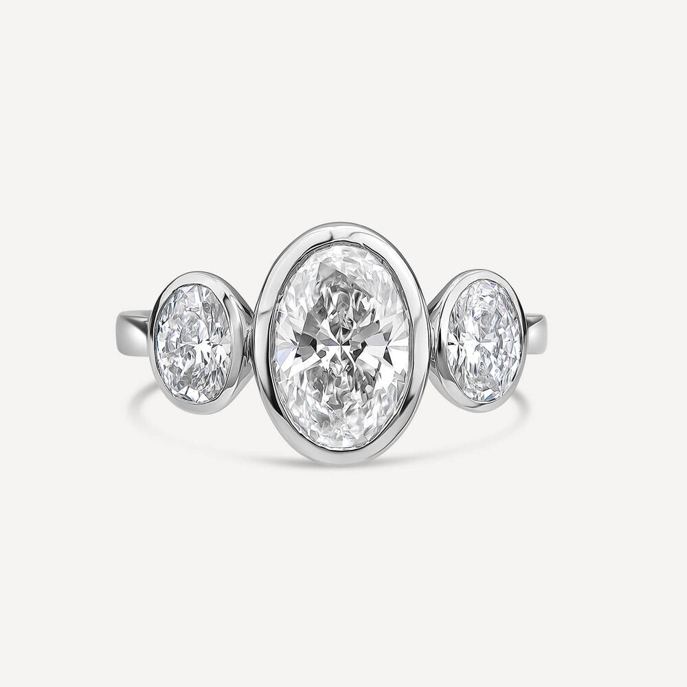 Born Platinum Lab Grown 2.80ct Oval Diamond Three Stone Bezel Set Ring