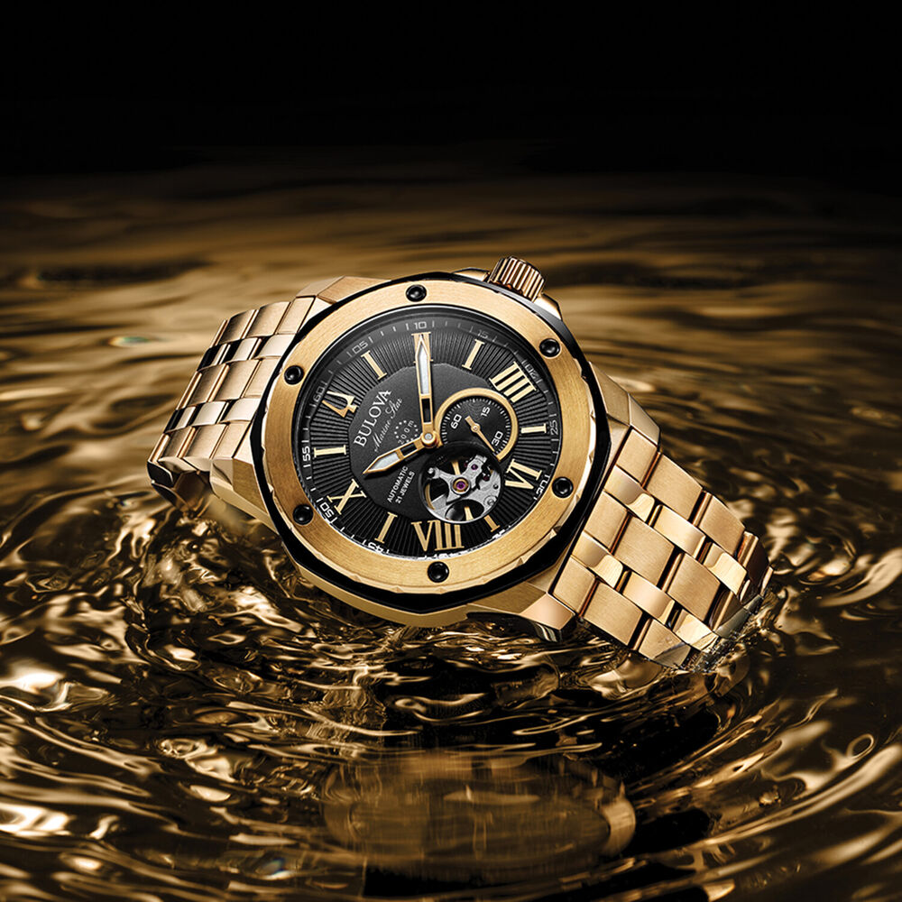 Bulova Marine Star Series A Automatic 45mm Black Dial Gold Tone Steel Bracelet Watch image number 4
