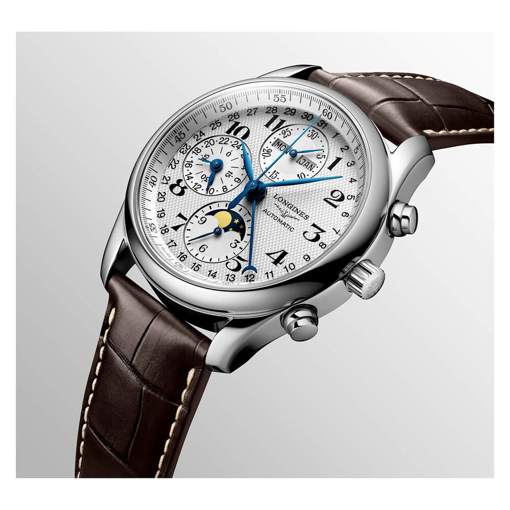 Longines Master Collection 40mm Automatic Chronograph Silver Dial Leather Strap Watch image number 4