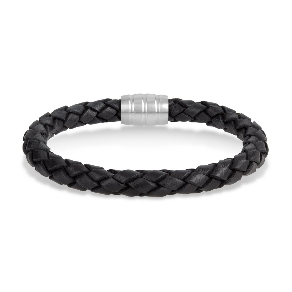 Steel & Black Plaited Leather Men's Bracelet image number 0