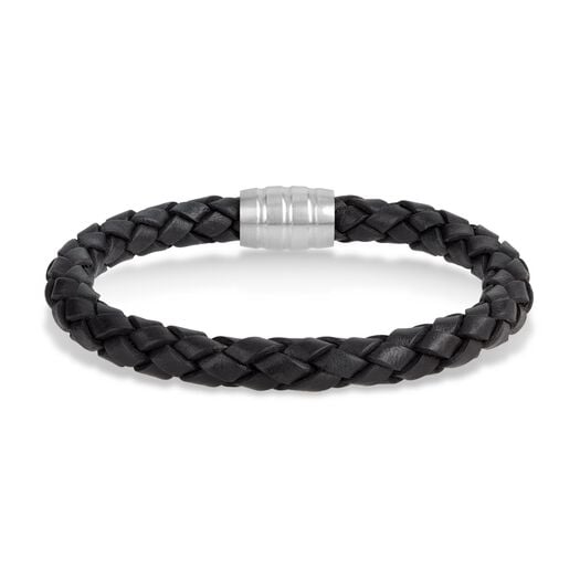 Steel & Black Plaited Leather Men's Bracelet