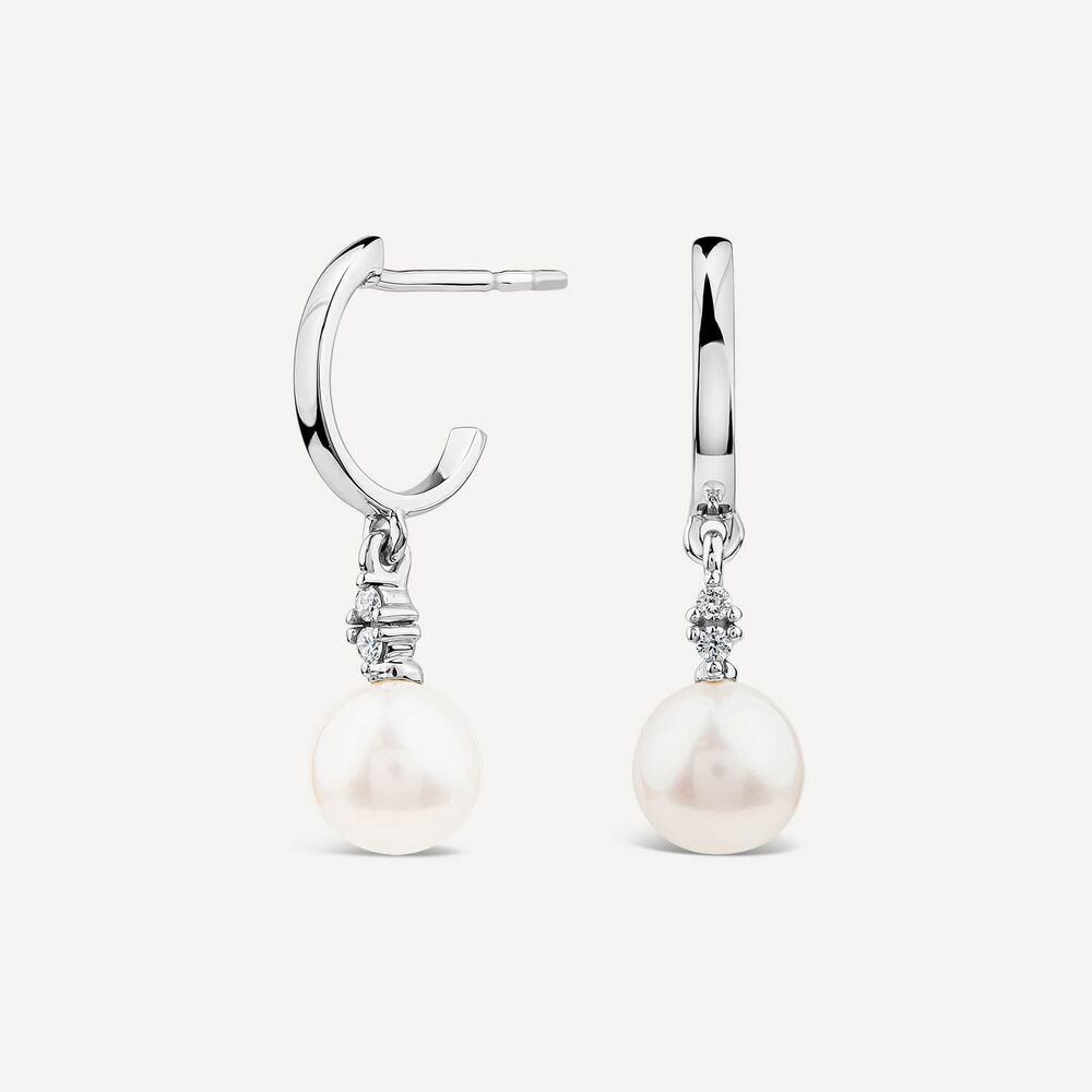 9ct White Gold Freshwater Round Pearl & 0.04ct Diamond Top Drop Earrings image number 1