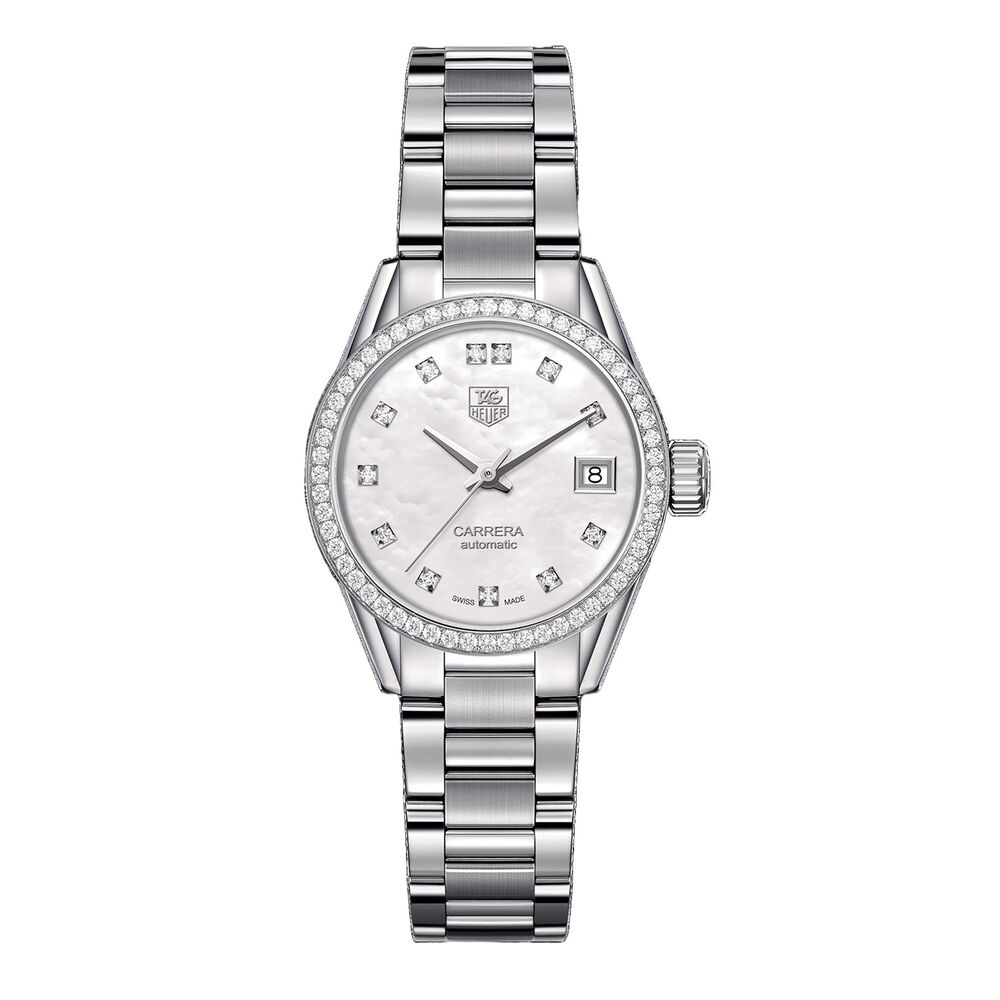 Pre-Owned TAG Heuer Carrera 28mm MOP Dial Diamond Bezel Steel Bracelet Watch