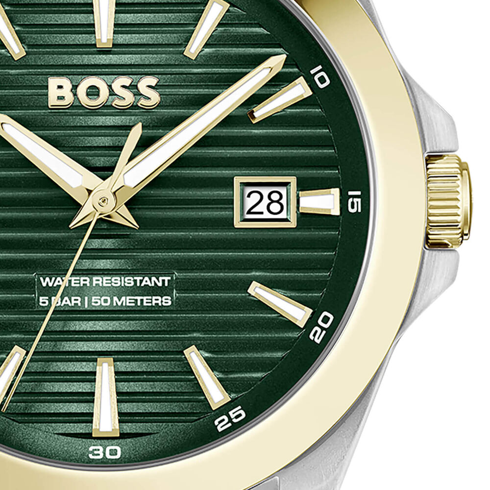 BOSS Strike 41mm Green Textured Dial Gold Tone Bezel Steel Bracelet Watch image number 1