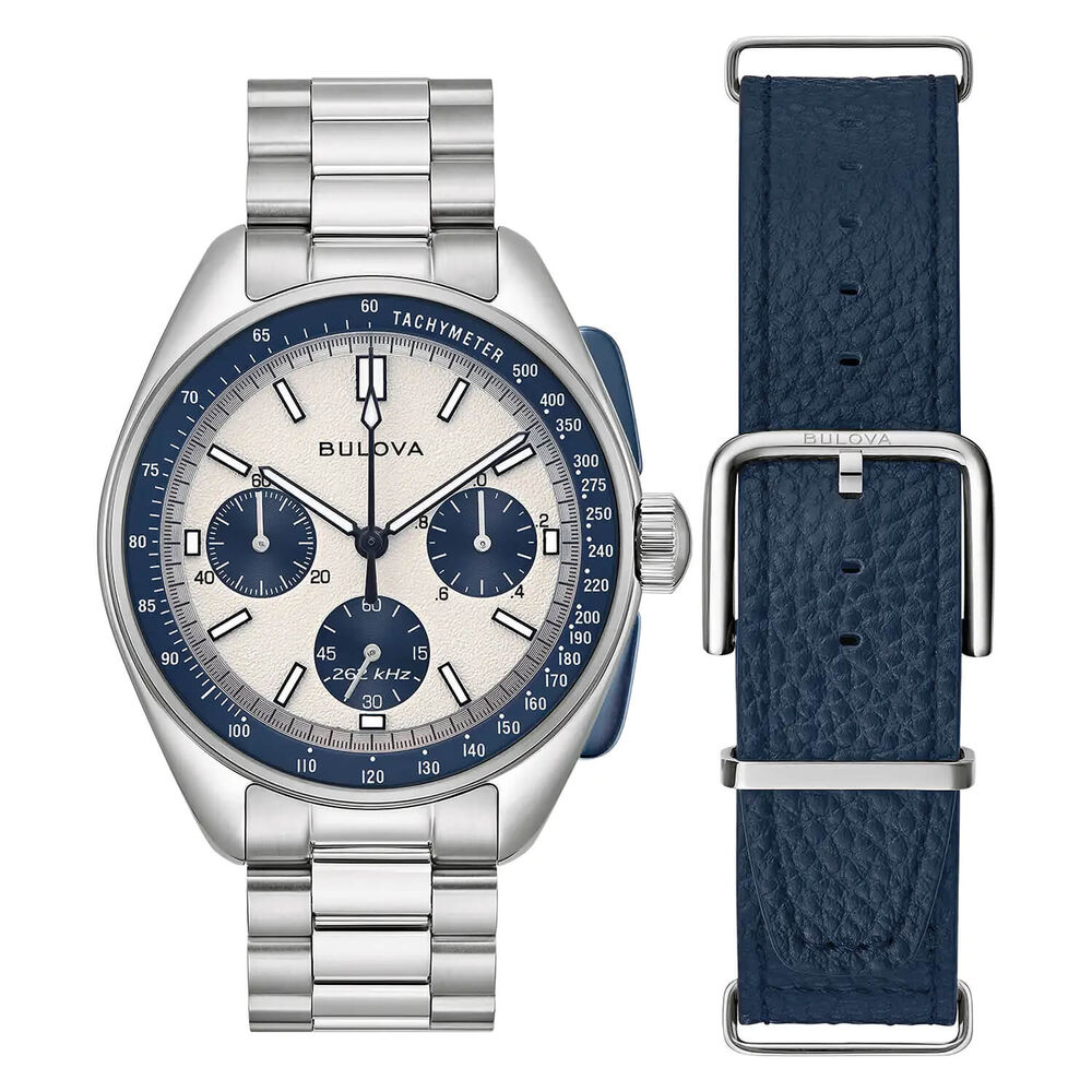 Bulova Heritage Lunar Pilot 43.5mm Chronograph White & Blue Dial Bracelet Watch image number 0
