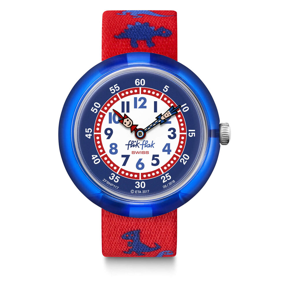 Flik Flak Childrens Quartz Red Strap Blue and White Dial Dinosaur Watch