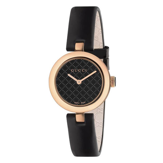 Gucci Diamantissima Ladies' Rose Gold-tone and Black Leather Strap Watch