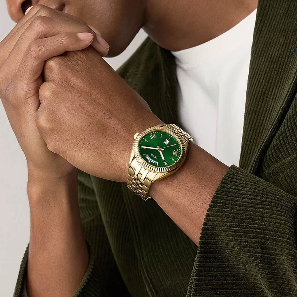 Fossil Campbell 42mm Green Dial Gold Tone Stainless Steel Bracelet Watch image number 4