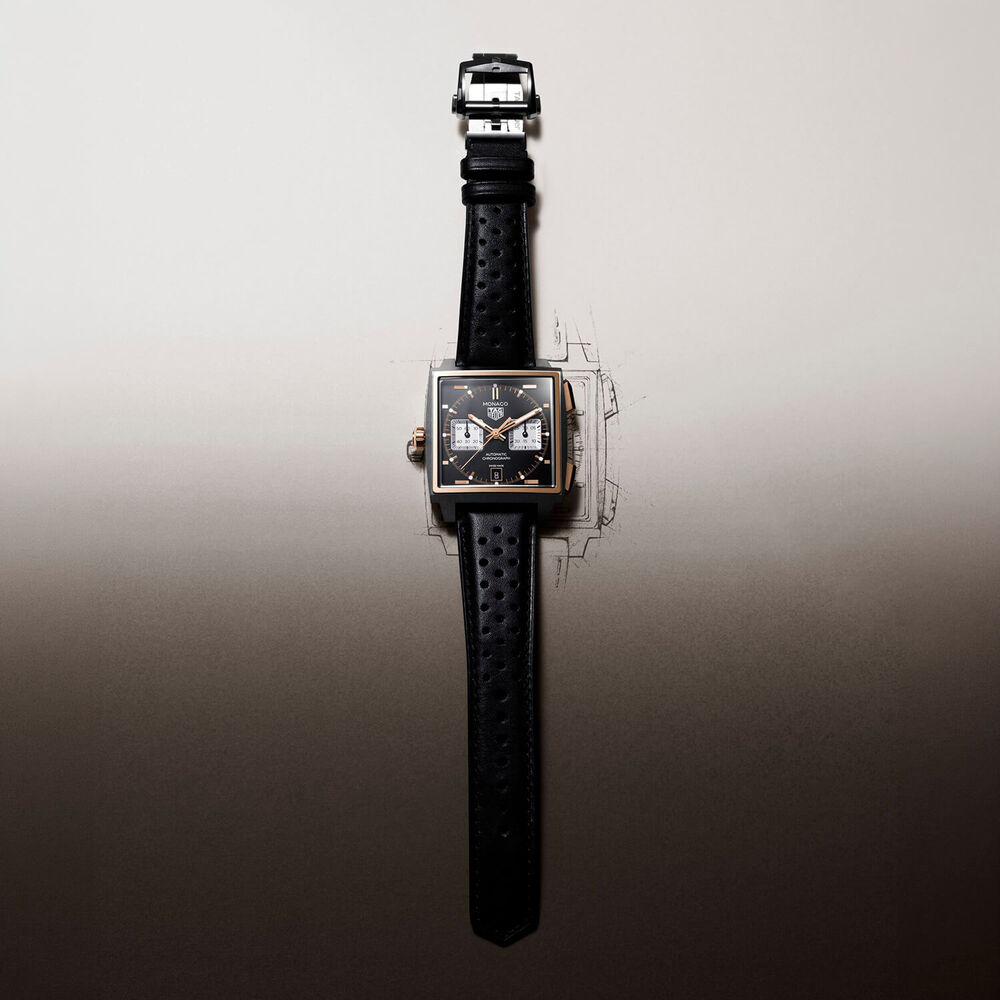 TAG Heuer Monaco Chronograph 39mm Titanium & 18K 5N Rose Gold Case Black Leather Strap Watch