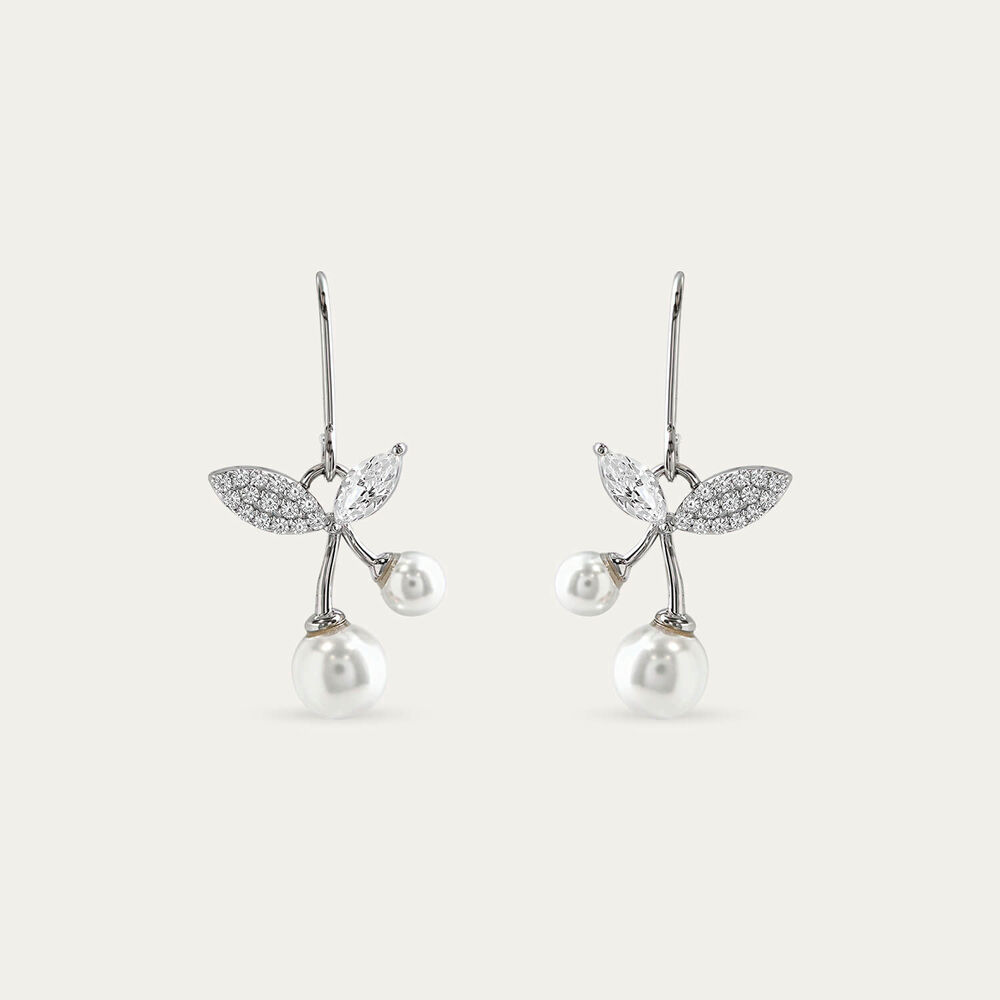 Sterling Silver Double Pearl With Marquise & Pave Cubic Zirconia Hook Earrings