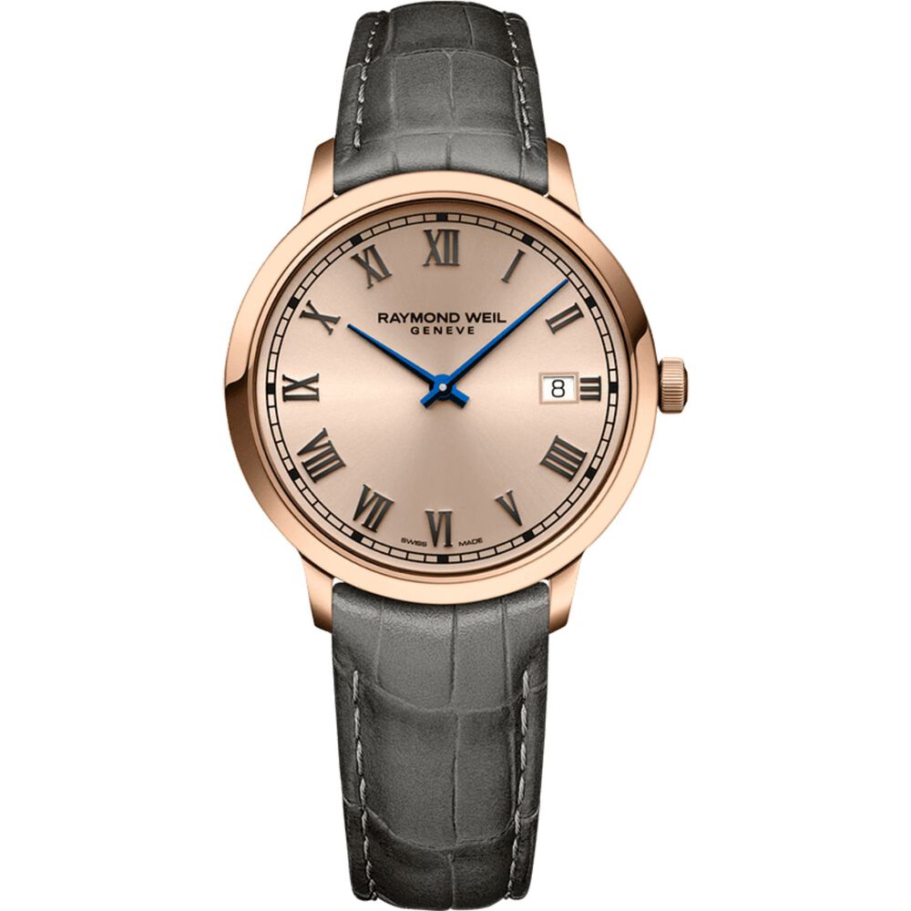 Raymond Weil Toccata 39mm Rose Roman Numerals Dial Rose Gold PVD Case Grey Leather Strap Watch