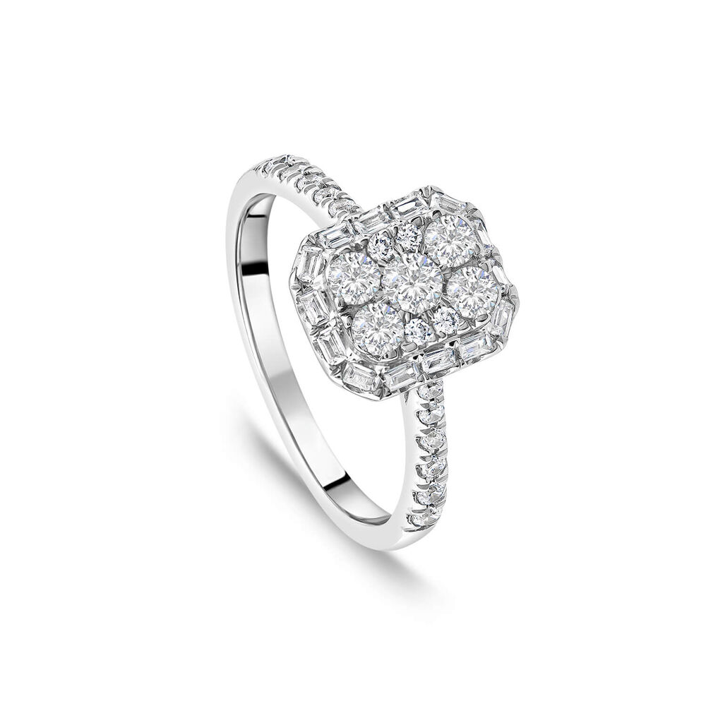 Platinum 0.75ct Rectangular Cluster Diamond Baguette Halo & Shoulders Engagement Ring