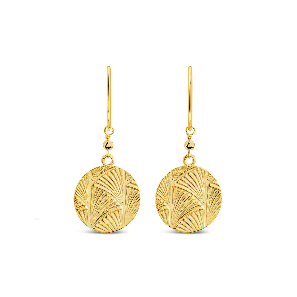 9ct Yellow Gold Textured Round Disc Drop Earrings