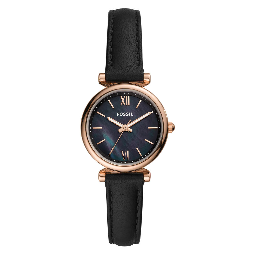 Fossil Carlie Mini 28mm Black Dial Rose Gold IP Case Black Strap Watch