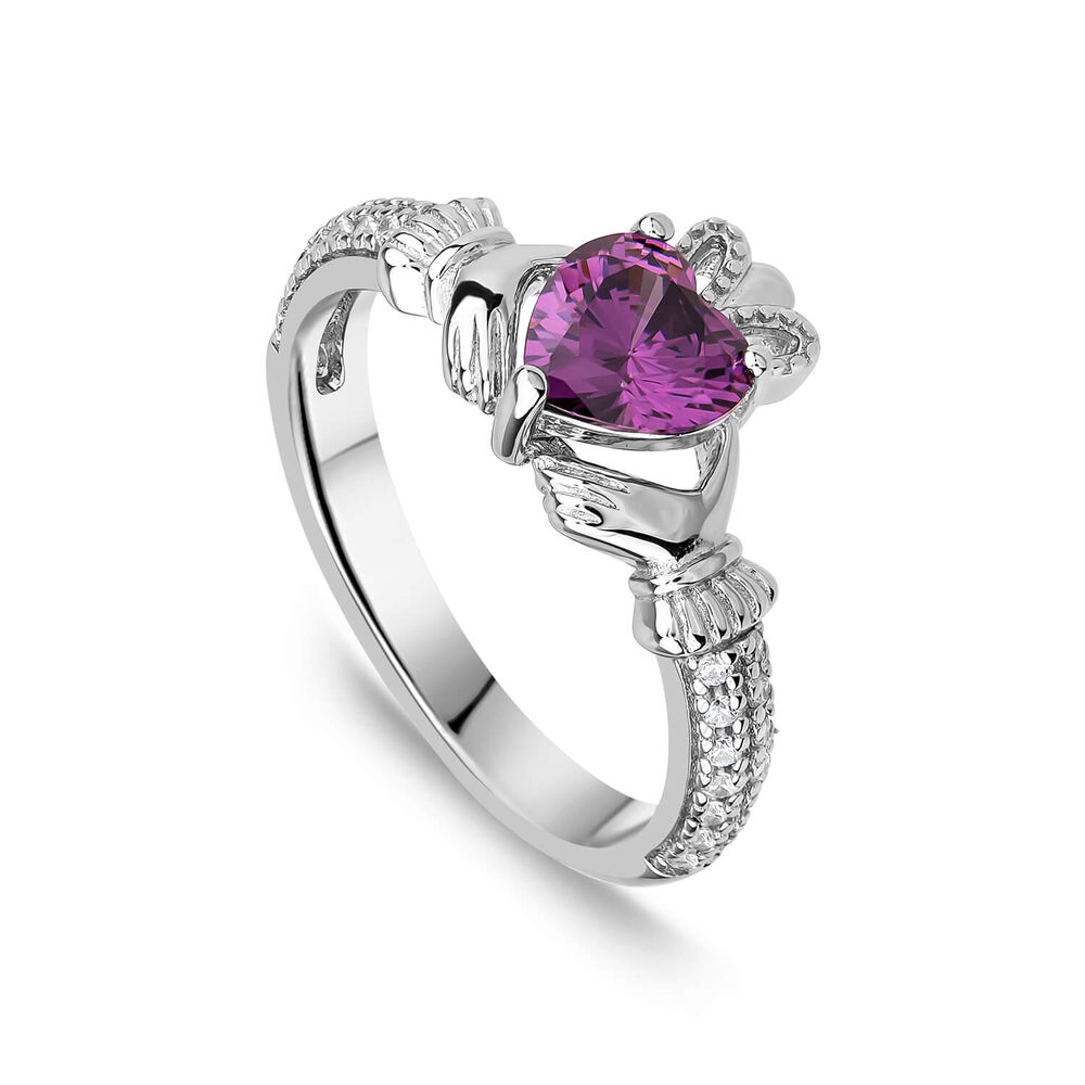 Sterling Silver Claddagh Birthstone February Cubic Zirconia Shoulder Set Ring image number 0
