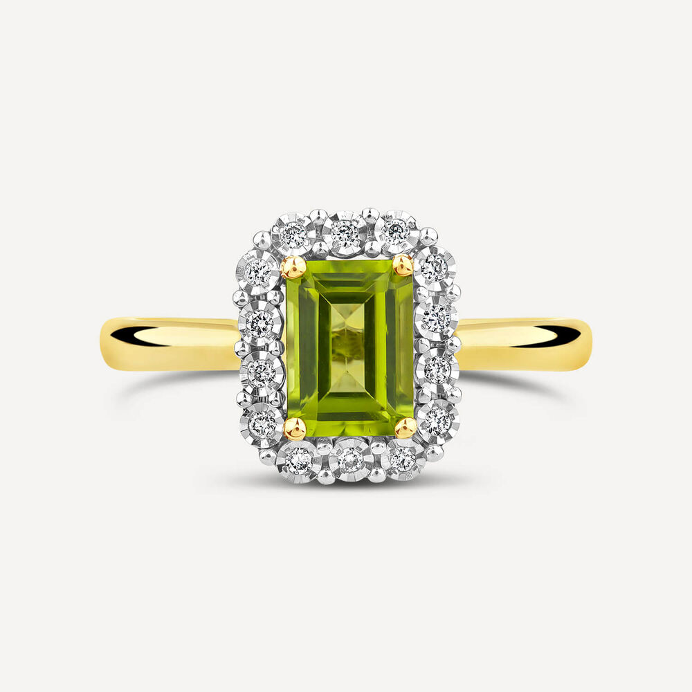 9ct Yellow Gold Rectangular Peridot 0.06ct Halo Diamond Ring image number 1