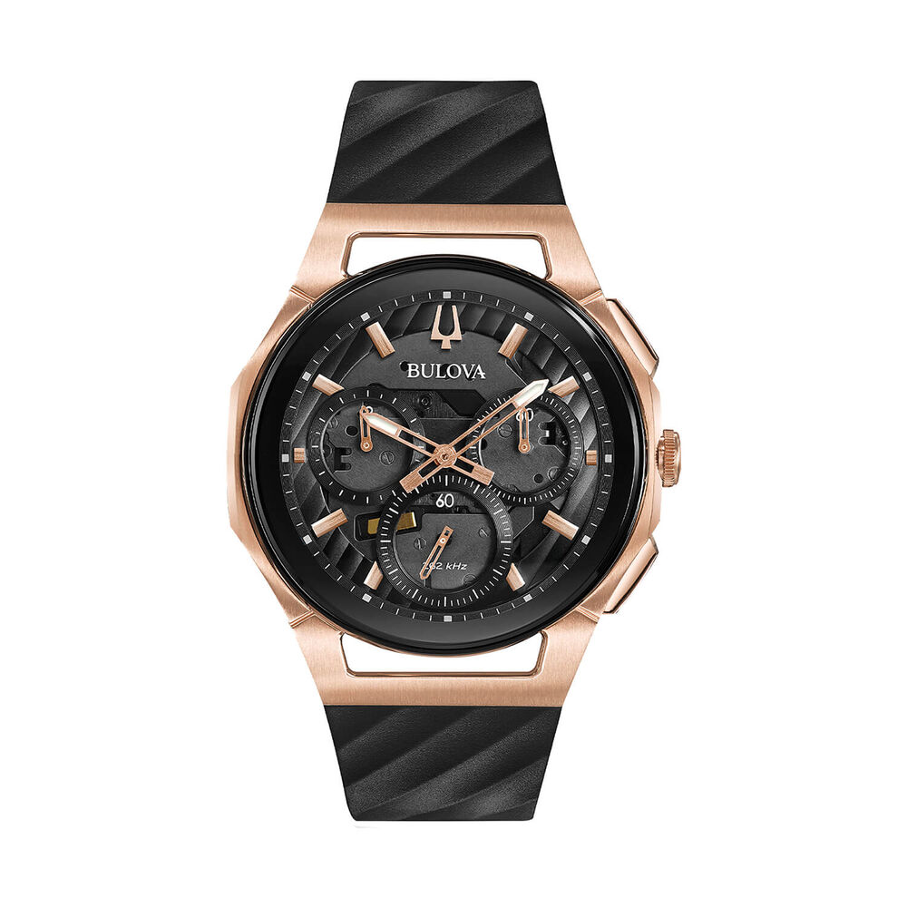Bulova Curv 44mm Quartz Rose Gold Pvd Black Rubber Strap Watch