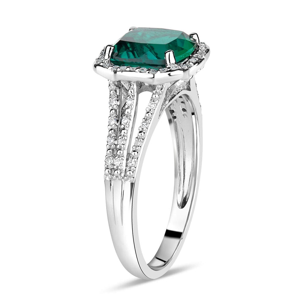 9ct White Gold 0.15ct Diamond and Created Emerald Cushion Halo Ring image number 3