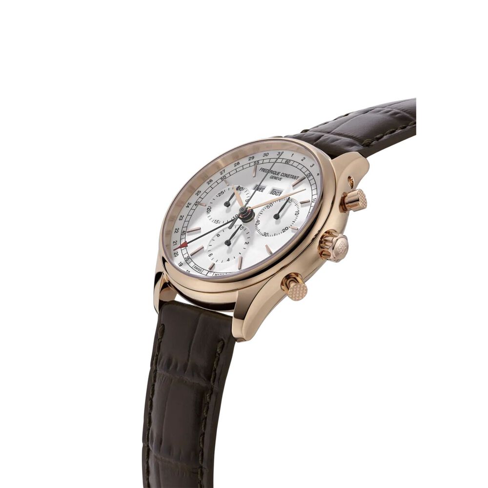 Frederique Constant 40mm Chrono White Dial Rose Gold PVD Case Brown Strap Watch