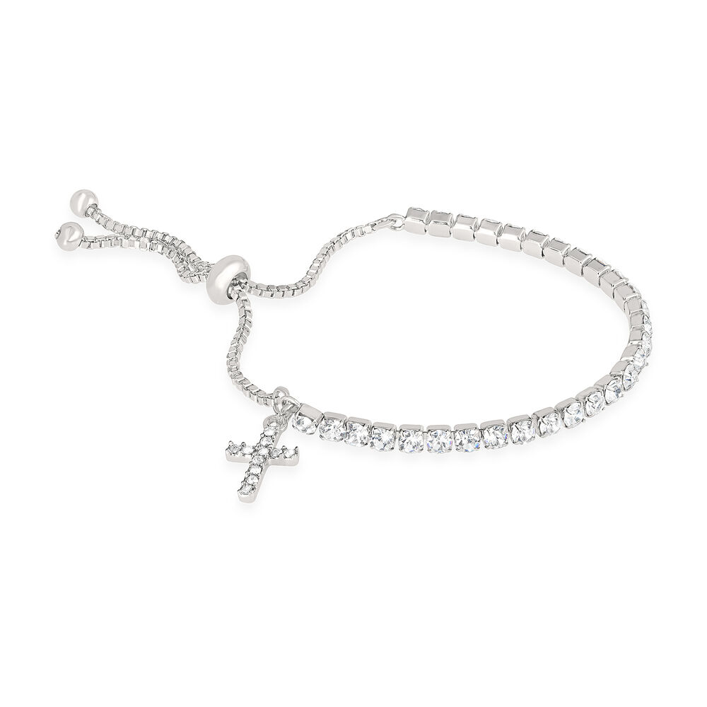 Silver-Plated Crystal-Set Slider Bracelet With Cross Charm image number 0