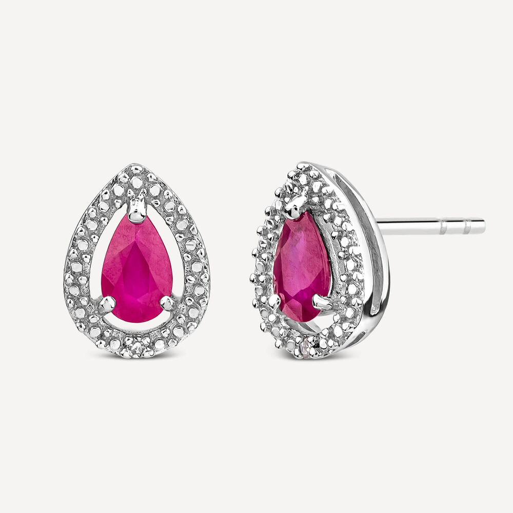 Ladies 9ct White Gold Created Ruby and Diamond Pear Earrings image number 1