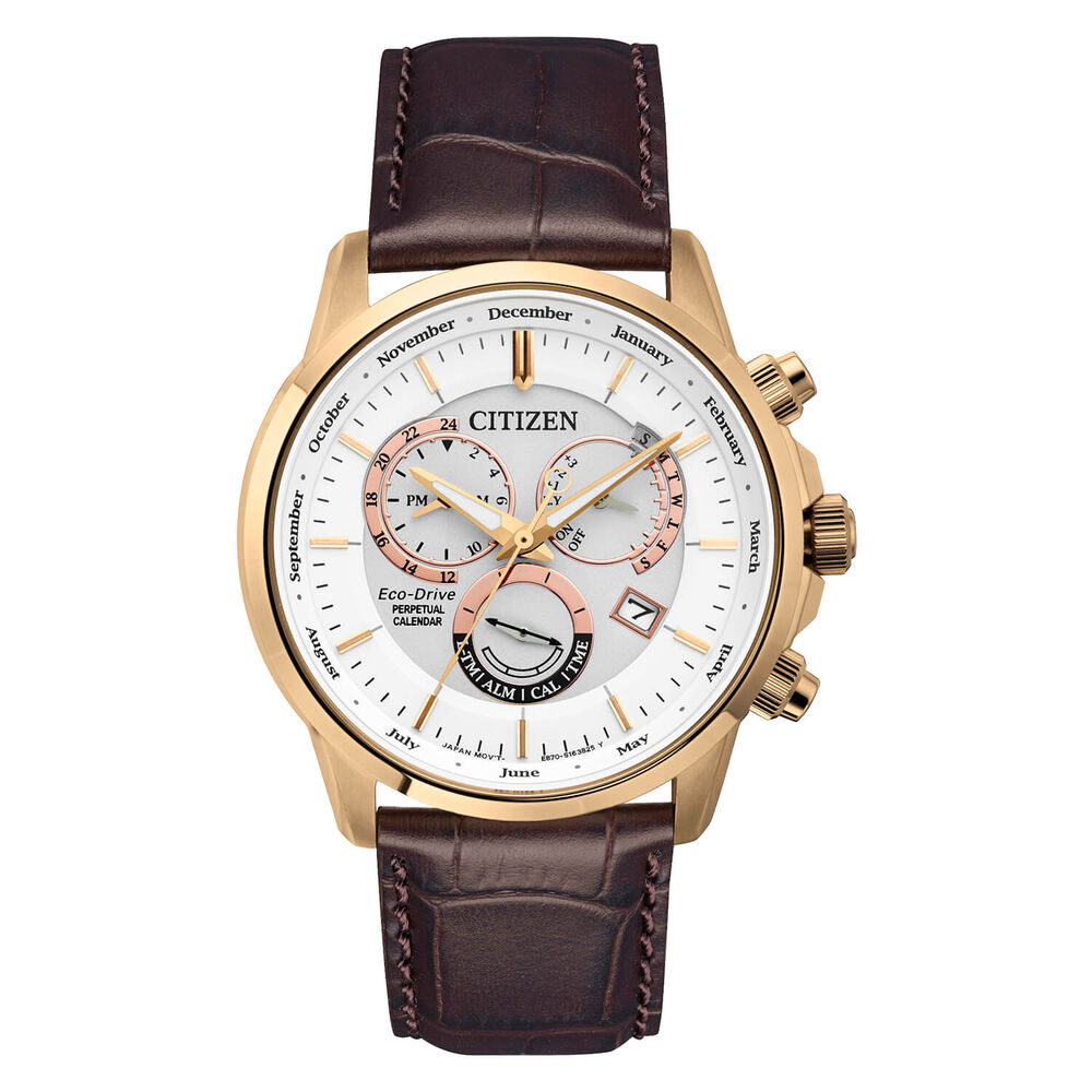 Citizen Eco Drive Calibre 8700 Rose Case Brown Leather Strap Perpetual Calendar Alarm Function 100M Wr Watch