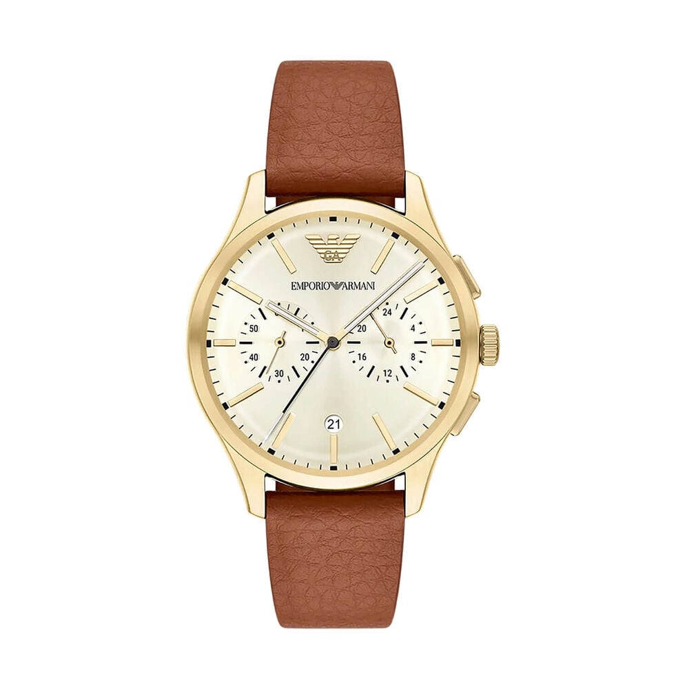 Emporio Armani 42mm Gold Dial Brown Leather Strap Chronograph Watch image number 0