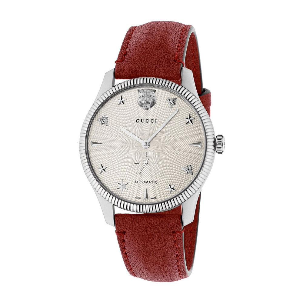GUCCI G-TIMELESS AUTOMATIC SILVER GUILLOCHE DIAL RED STRAP