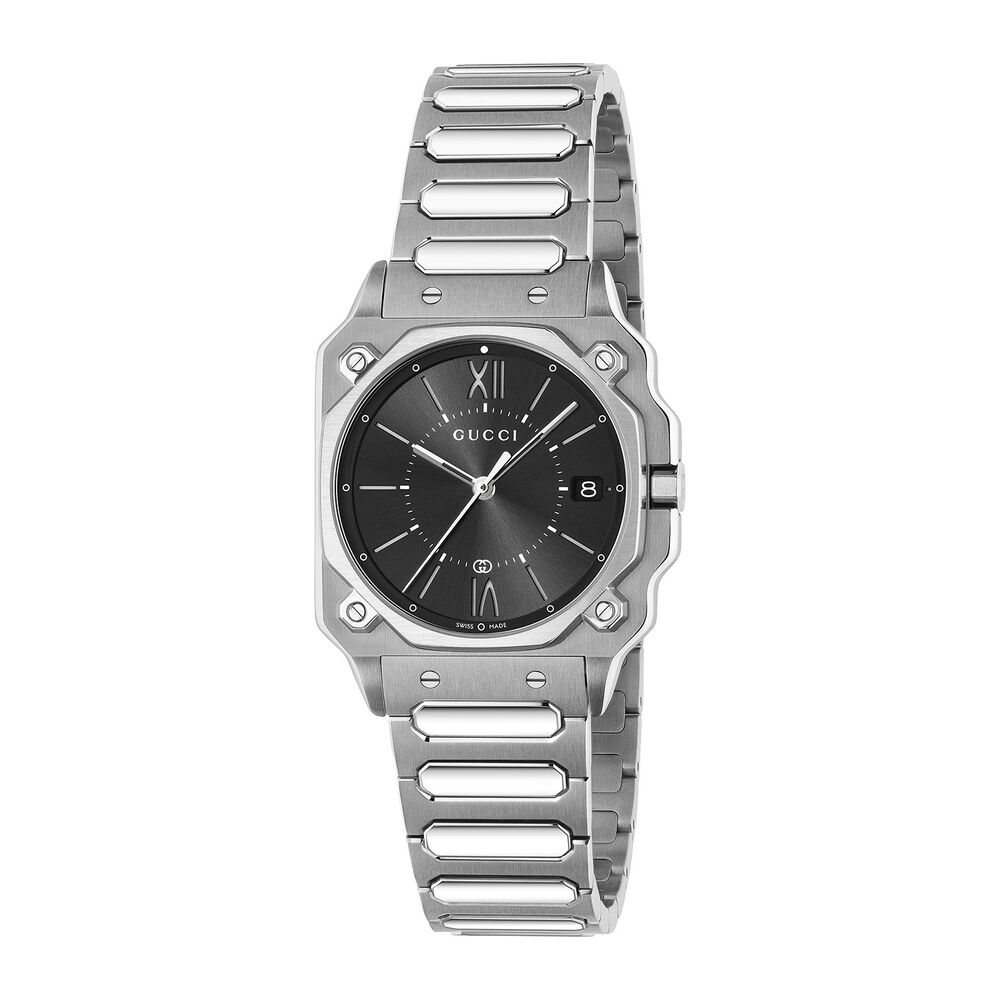 Gucci G-Flat 30mm Black Dial Stainless Steel Bracelet Watch