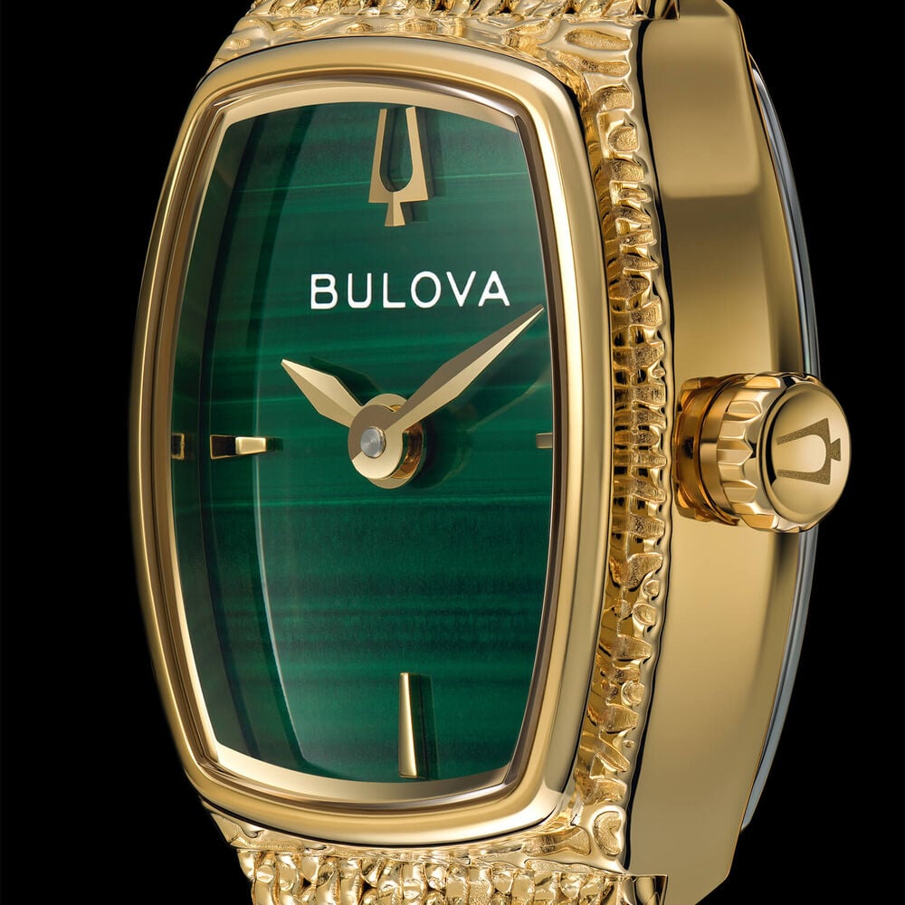 Bulova Goddess of Time 17mm Green Malachite Dial Gold Tone Steel Mesh Bracelet Watch image number 9