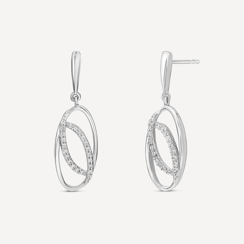 9ct White Gold 0.12ct Diamond Set Double Oval Drop Earrings