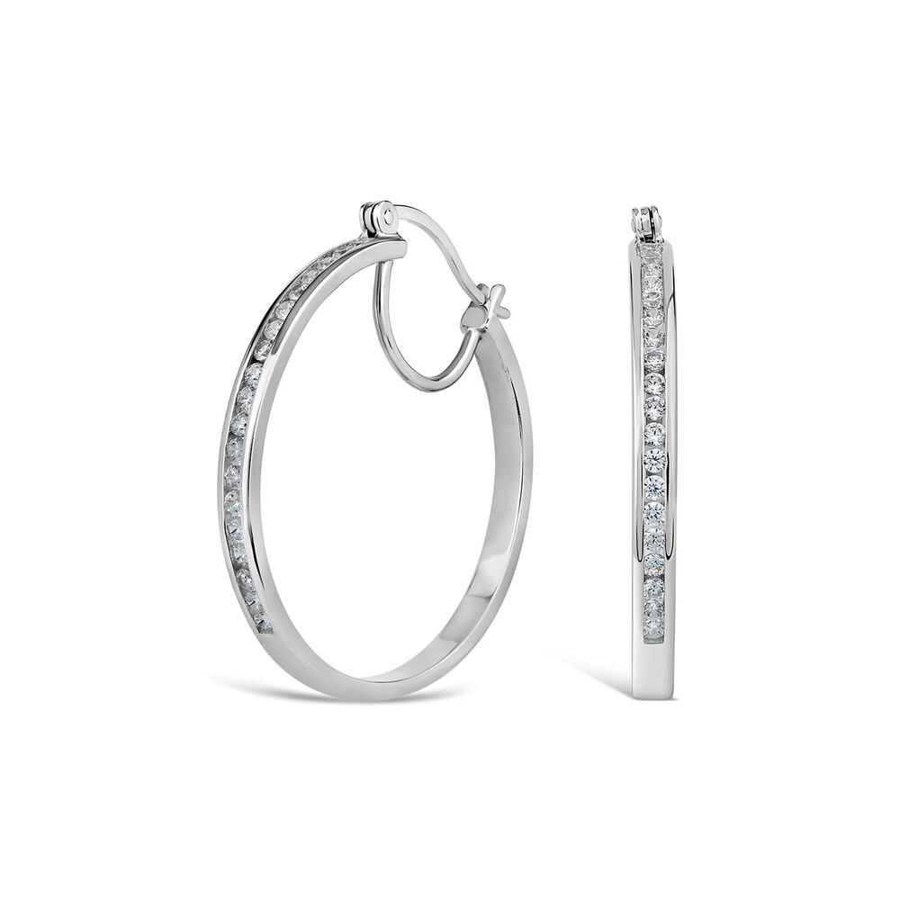 Sterling Silver Half chain Cubic Zirconia Half Polished Hoop Earrings image number 0