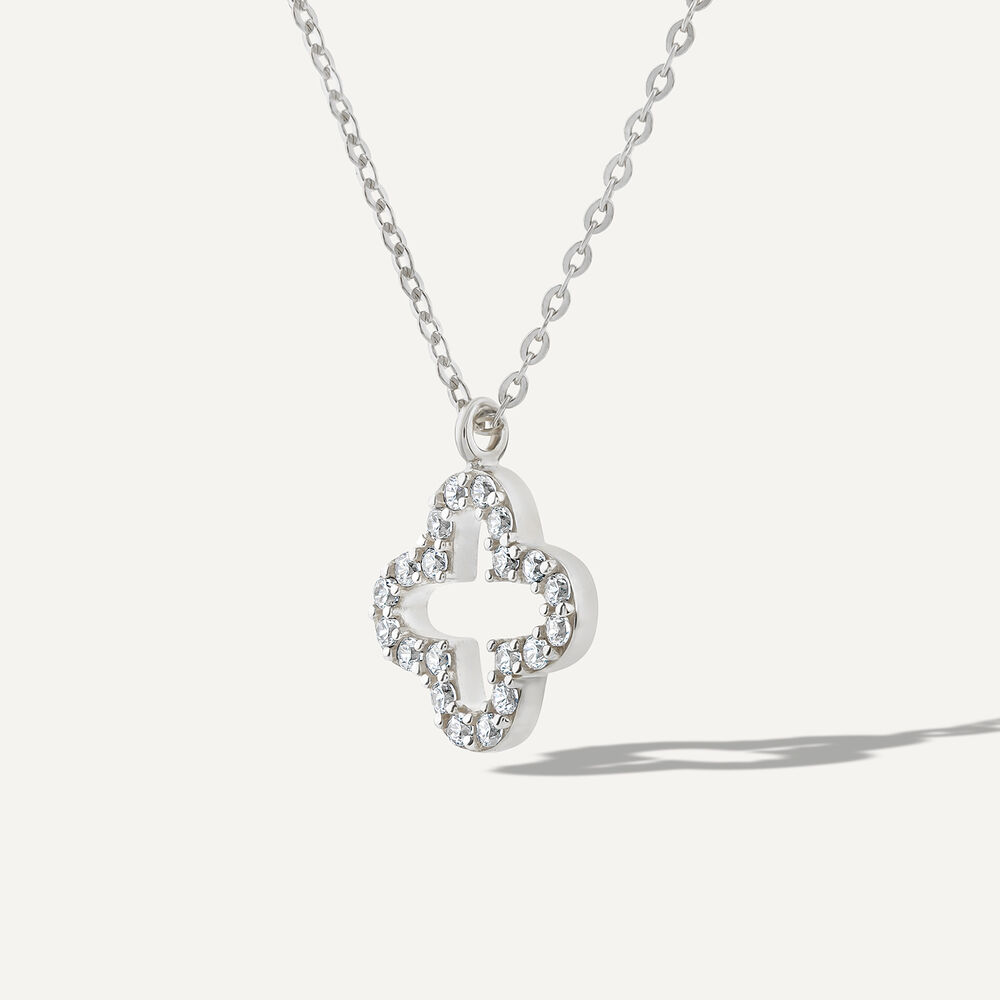 9ct White Gold Cubic Zirconia Set Open Clover Petal Pendant