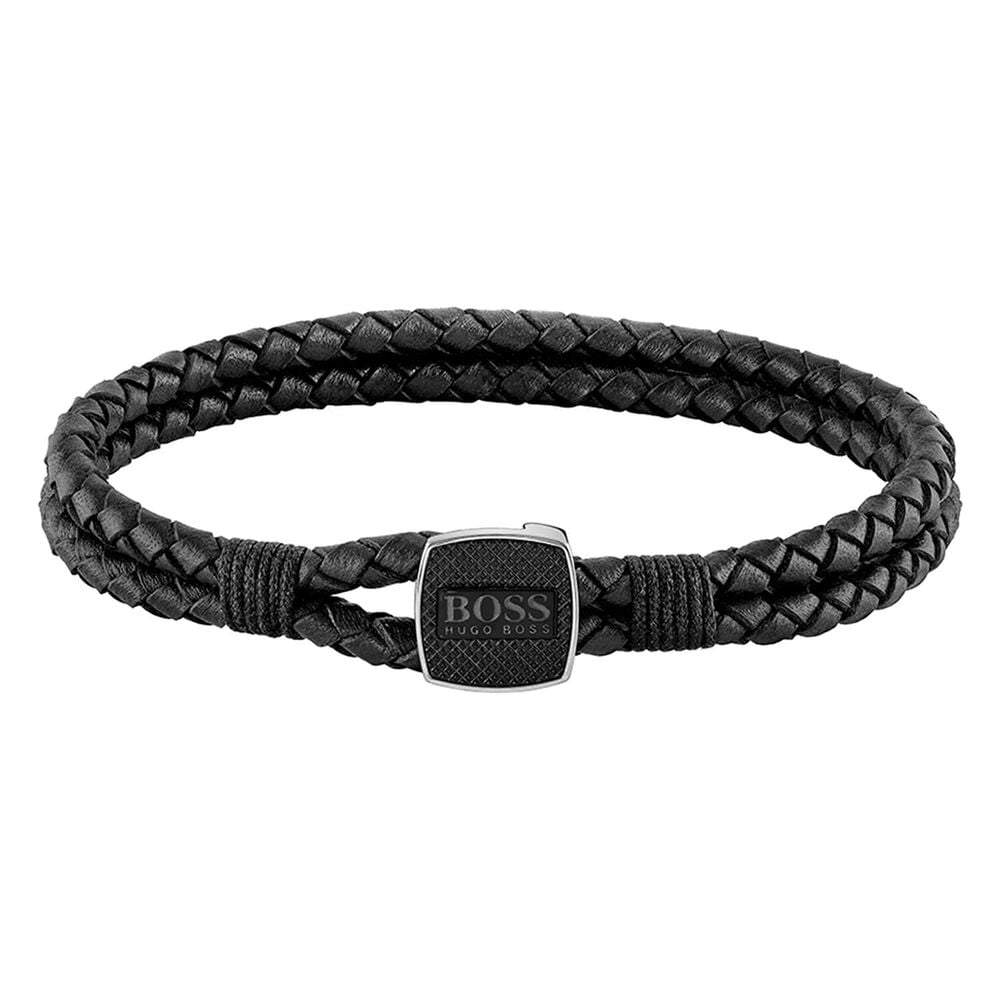 BOSS Gents Seal Braided Black Leather Bracelet image number 0